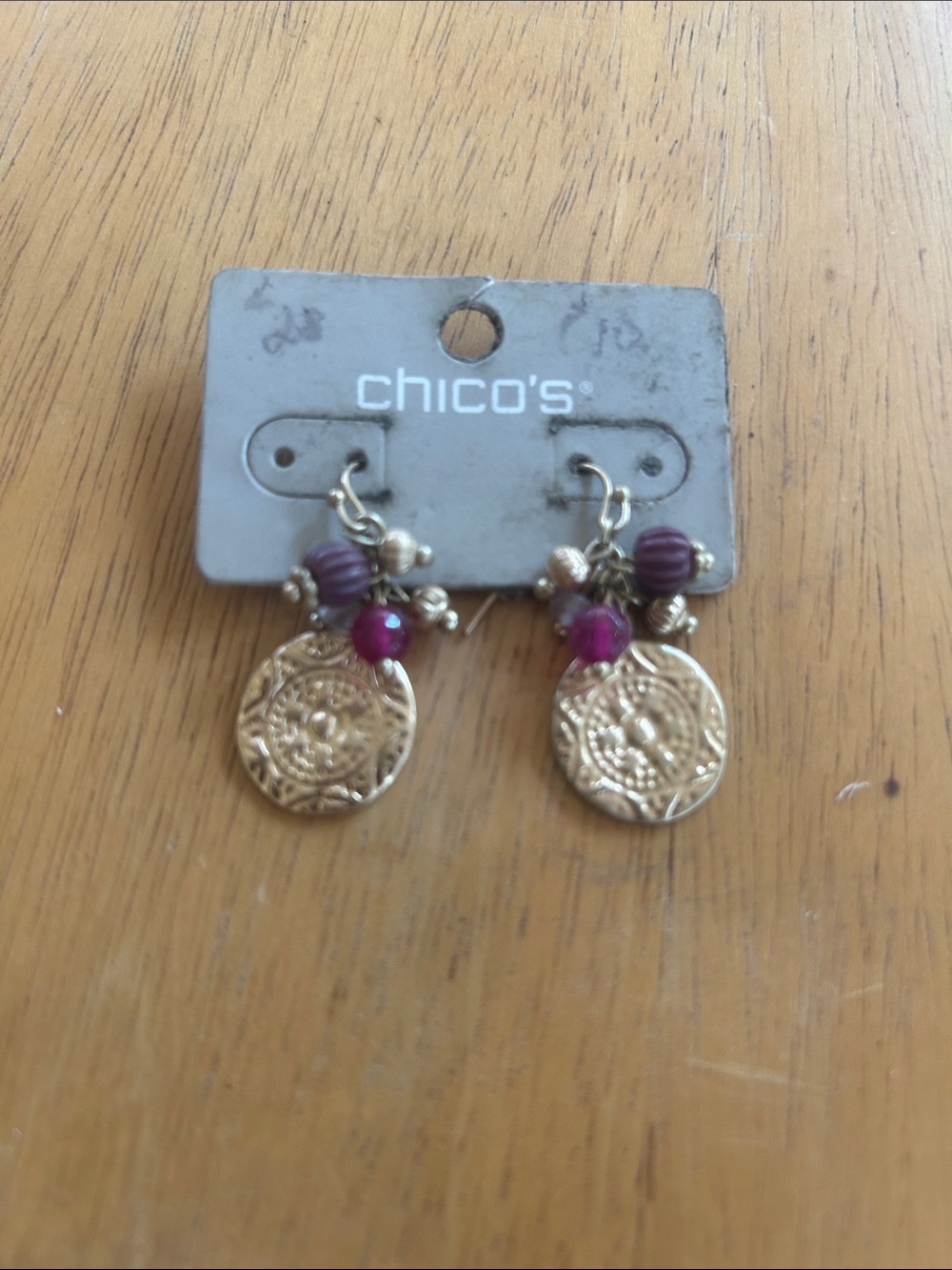 Chico's Gold Coin Drop Earrings with Purple Beads